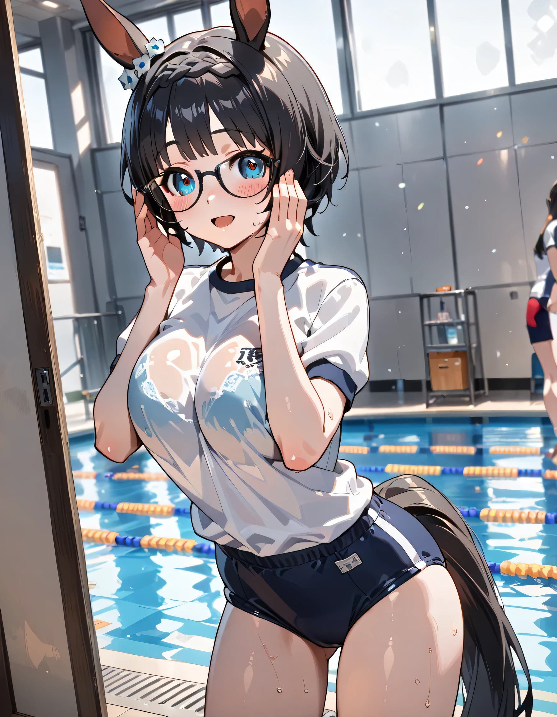 ((ultra-detailed)), (highly detailed CG illustration), (best quality:1.2), ultra-highly detailed, colorful composition, artistic photoshoot, 1girl, solo focus, upper body, moe anime character, girl, dainty facial structure, baby face, round face, rounded chin, ideal ratio body proportions, Zenno Rob Roy, (umamusume), ample breast, Zenno, (glasses:1.3), (black-rimmed glasses:1.3), dark hair, blue eyes, horse ears, horse girl, brai:1.3, ample breasts, white gym uniform with Navy blue rim:1.3, navy blue school gym buruma, wet body, smile:1.3, open mouth1.3, blush:1.3, sweat:1.4, standing in the school sports field:1.2, from behind:1.3, turn around:1.3, contrapposto pose, best quality, expecting, pink cheek, blush, light pink gloss slip, portrait, depth of field, soft lighting, sidelighting, shine, lighting, caustics, ray tracing, perfect face, lustrous skin, highly detailed face, highly detailed eyes, perfect face, perfect nose, perfect hair, perfect eyes, perfect anatomy, beautiful hair, beautiful small face, extremely detailed face, beautiful detailed eyes, beautiful clavicle, beautiful body, beautiful huge breasts, leavage, breasts squeezed together, equalize the size of the left and right breasts, beautiful fingers, ((4 fingers)), 1 thumb, lovely, (very detailed background:1.0), (highly detailed background:1.0), rainy aesthetic, intricate details, rainy atmosphere, night colors palette, chromatic aberration