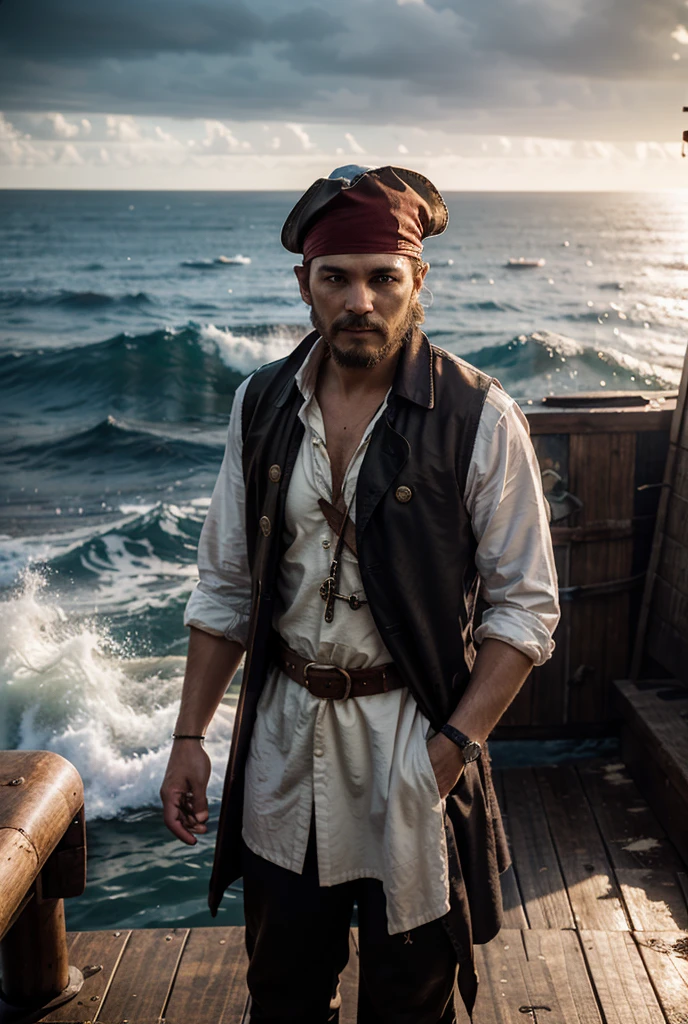 8k, close up portrait shot, RAW editorial photo of a pirate, dark shot, perfect eyes, skin moles, looks at viewer, cinematic shot, hard shadows, professional photo, complex, ultra-detailed, cinematic lighting, masterpiece, moody, dramatic, sharp focus, motion blur, noise, lens effects, scene by zach snyder, analog photography, award winning photo, depth of field, ultra-detailed background, hard shadows, ray tracing, random angle shot,perfect textures, tactile textures, cannon ball shooting from a pirate ship