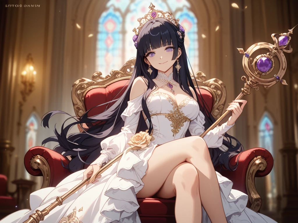 (Highest quality)),(Ultra-high resolution),(Super detailed),(Detailed Description),((The best CG)),(masterpiece),Highly detailed art,(Art with precise details:1.5), (The queen in an intricately designed dress:1.3),A confident and beautiful face:1.4,(Smile:1.3),Sparkling Jewelry:1.2,(A luxurious throne with intricate carvings:1.3),crown:1.3, vermilion:1.2