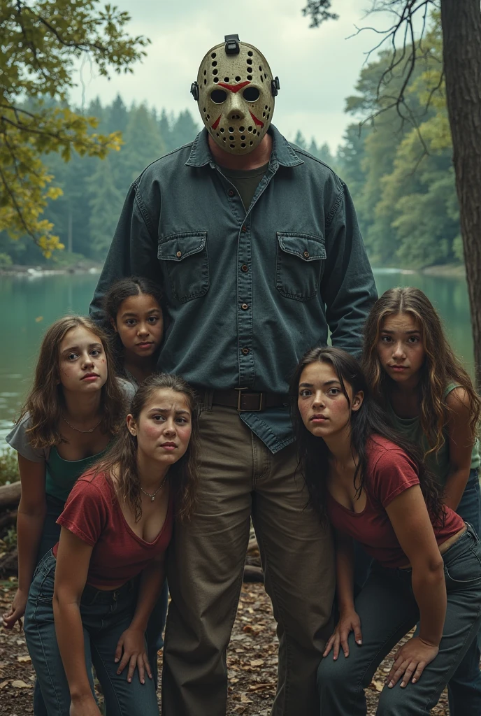 a terrifying Jason Voorhees with children, photorealistic, detailed portrait, group photo, family, horror, intense atmosphere, dramatic lighting, 8k, highly detailed, masterpiece