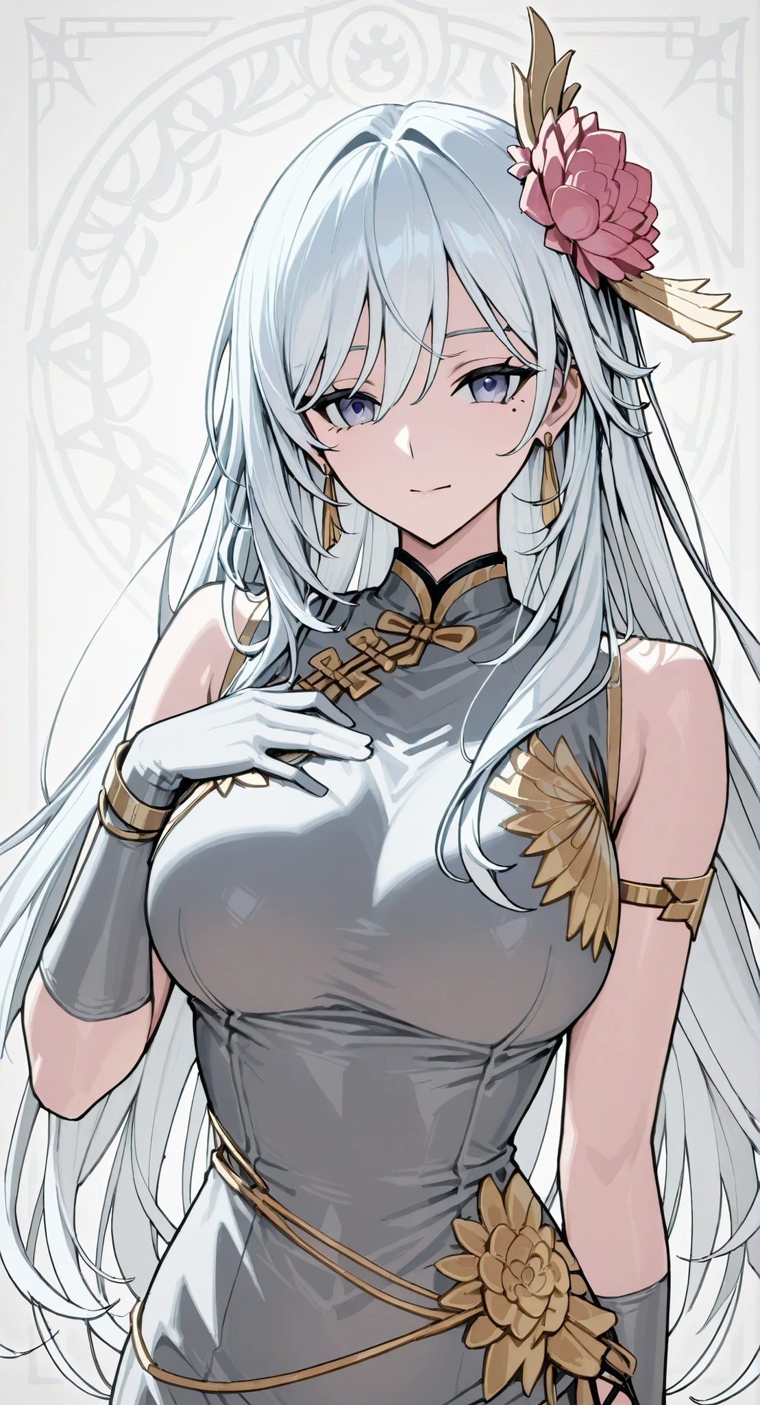 skin,Bound shoulders ,sleeveless china ,mole under eye、Armlet for left arm、bracelet for right wrist、anime girl Picture of a woman with long white hair and a flower in her hair, gray hairの deity, Anime Goddess, gray hairの, gray hairの lady, gray hair, Zodiac knight portrait girl, Haise Jinyao, Genshin、Keking,  Full Body Senxia , Female Anime Characters Who Collect Their Boob With Both Hers, Picture of a woman with long white hair, perfect gray hairの girl,Beautiful breasts with a nice shape,thin waist,mole under eye,Long Gloves,earring
