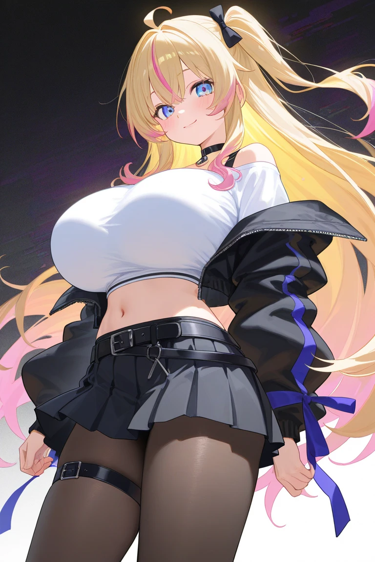 Visualize Naruto Uzumaki as a girl, with flowing blond locks cascading down her back, framing her striking blue eyes. She radiates charm and allure, her feminine features accentuated by a touch of hotness. Her slender figure boasts medium-sized breasts, perfectly fitting for her 34D size, enhancing her overall appeal. In this rendition, Naruto dons the iconic outfit of Izuku Midoriya's female counterpart. A fitted grey blazer with delicate green accents hugs her curves gracefully, allowing for both elegance and freedom of movement. Beneath the blazer, a pristine white blouse with a crisp collar highlights her face, exuding purity and determination. Around her neck, a meticulously tied green and black striped necktie reflects her attention to detail and unwavering resolve. The pleated green skirt, falling just above the knee, adds a touch of vibrancy to her ensemble, mirroring the lush surroundings of the hero academy grounds. Completing her attire are knee-high socks, snugly embracing her calves, and sleek black loafers that seamlessly blend style with functionality. A verdant ribbon intricately woven into her short bob with soft waves adds a pop of color to her hair, accentuating her feminine charm. This image captures Naruto Uzumaki's feminine yet powerful presence, poised to conquer any challenge as she embarks on her journey to become the hero she is destined to be. Rendered in exquisite detail and vibrant hues, this high-quality 8k resolution artwork showcases her beauty and determination in stunning clarity.
