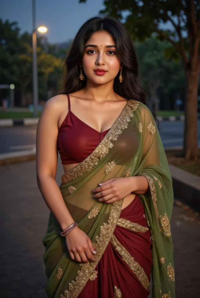 photo portrait of beautiful  sexy indian triangular face fair  female model,  posing full body  in sexy see through saree on indian busy ondian road , looking at viewer, lense flare, (realistic eyes, symmetric face:0.8) (masterpiece:1.2) (photorealistic:1.2) (bokeh) (best quality) (detailed skin) (intricate) (8k) (HDR) (cinematic lighting) (sharp focus), big breast, big natural lips, dark red lips, sparkling day dreams eyes.
