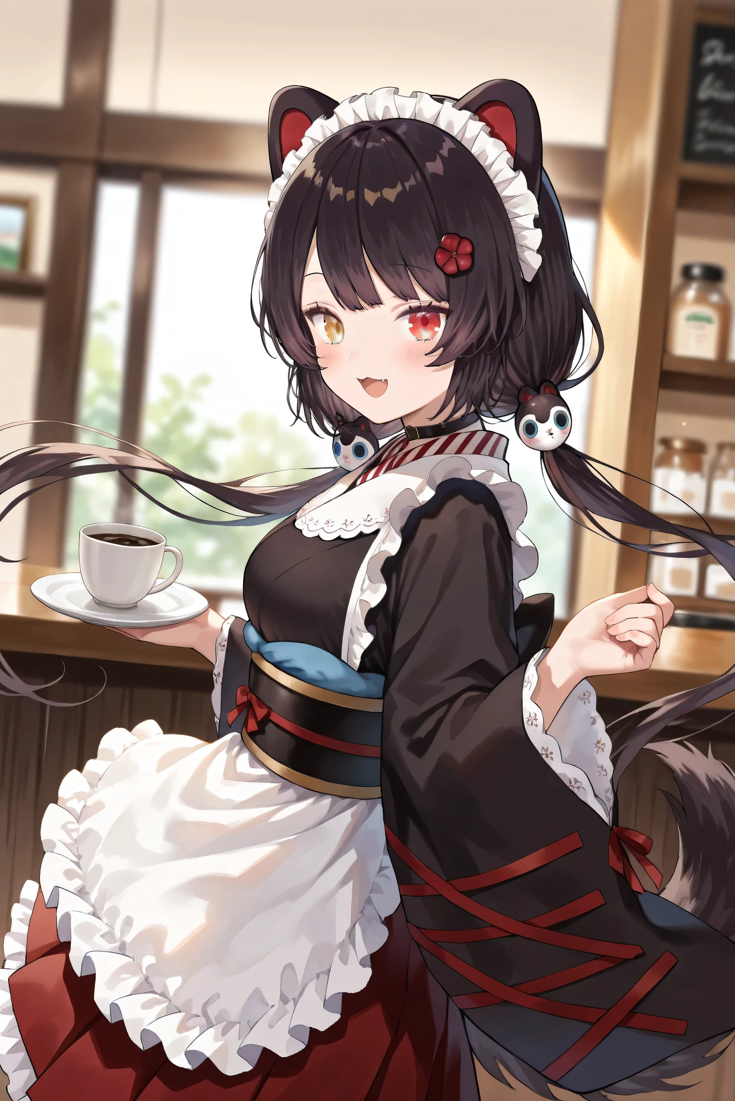 (Masterpiece), (Highest quality), (Very detailed),
(The best shape), (Best Shadow), (Absurd),
(Detailed background), (So beautiful), (Shiny),
(Extraordinary), (Countershading), (8k), (32K),
(High resolution), (Very Detailed CG), (UHD),
(Score_9), (Score_8_up), (Score_7_up),
(Source_anime), (Pastel painting:1.2),
(Watercolor painting:1.2),(Masterpiece, Detailed:1.2), (Foreshortening:1.2),
(Cinematic), (Dramatic), (Depth of field:1.4),
(Blurry background:1.4), (Realistic background:1.4),
(Dynamic angle), (1 girl), (Dynamic pose),
(Coffee shop), (Antique Cafe), (Indoor),
(Inui Toko), (Nijisanji), (Virtual youtuber),
nijitoko, medium breasts, heterochromia,
red eyes, yellow eyes, black hair, dog girl, dog ears,
dog tail, long hair, low twintails, hair ornament,
nijitokocos, black kimono, black obi, sash,
waist apron, white apron, frilled apron, long apron,
long sleeves, wide sleeves, frilled sleeves,
hakama skirt, long skirt, red skirt, frilled skirt, choker, maid headdress,
(Blush:1.2),
(smile), (happy),
(Portrait), (Focus on face:1.2), (close up shot:1.2),
(Looking at viewer), (Looking back),
(Talking to viewer), (Open mouth),
(Realistic skin), (Shiny skin),