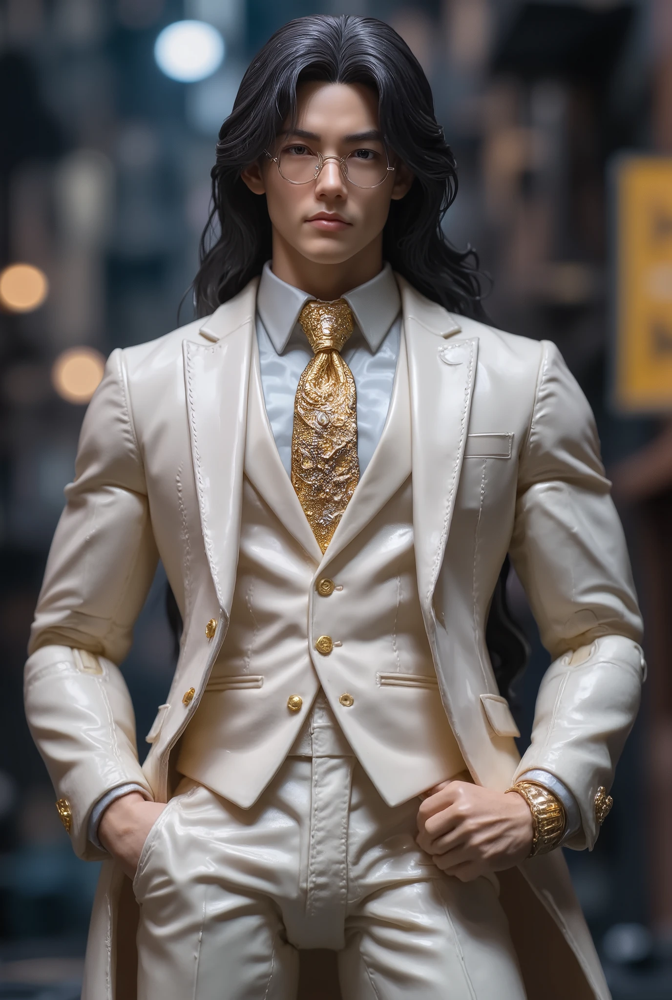 Figure collectors unite! Craft your own masterpiece with insane details and radical designs! Live Action Asian Japanese With Long Flowing Black Hair Wearing a Baggy Double-Breasted Godly Gold and White Suit and Tie that reaches the ground Over a White Dress Shirt and Golden tie With White Dress Pants.