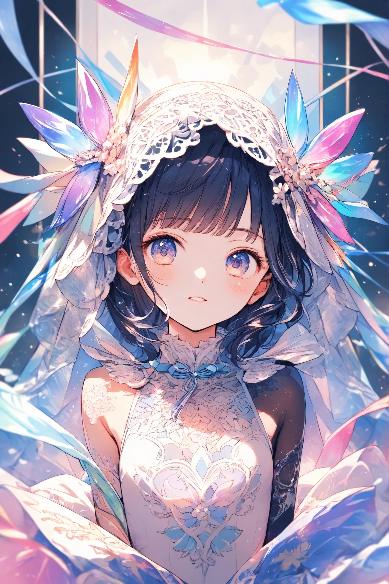 masterpiece,top quality,Super Detailed,8k,watercolor　colorful　upper body lift　One Piece　girls　灰色の髪　light　ribbon pop, (flat chest:0.8)