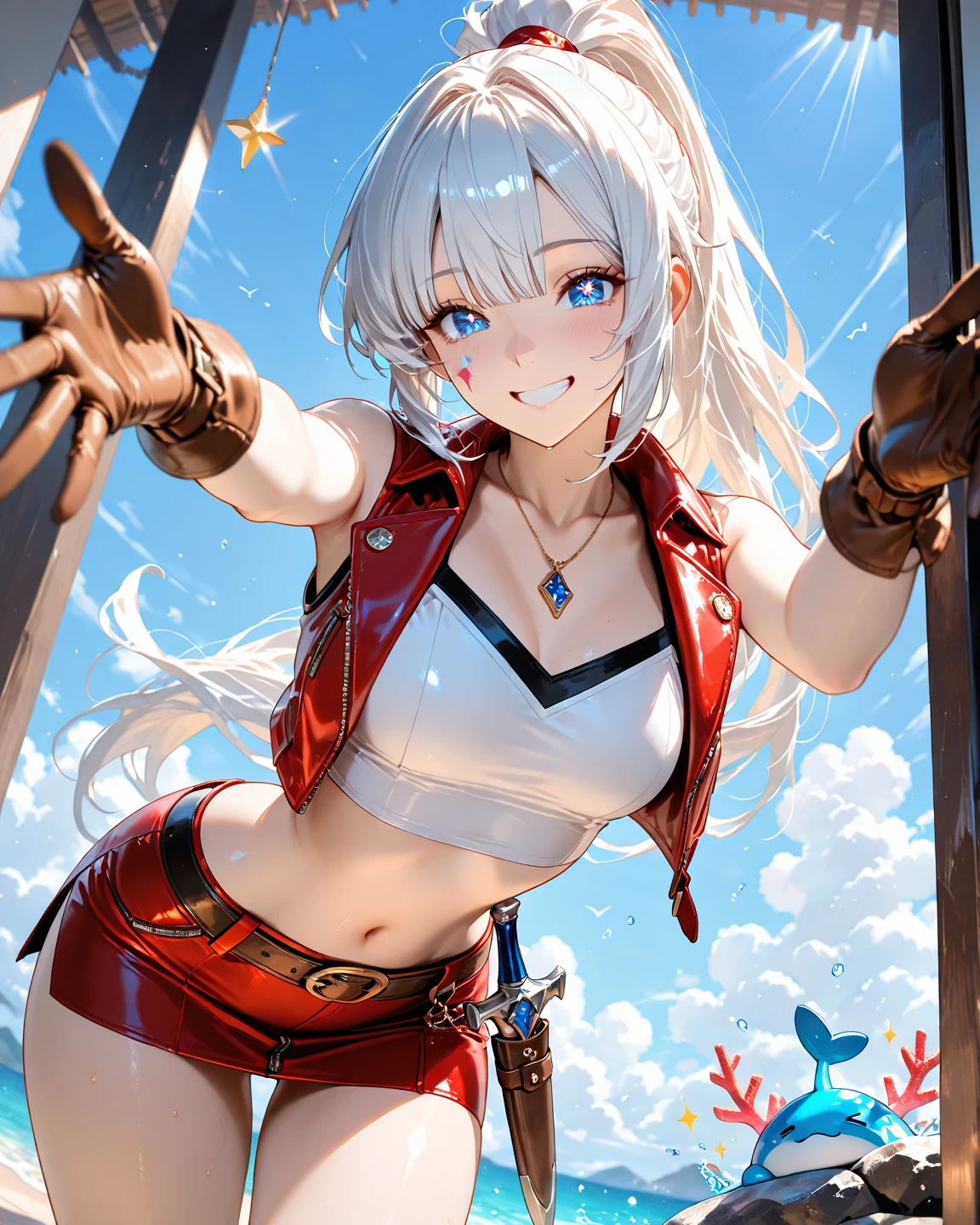 best qualityer, work of art, Kizi, White hair, gold eyes, red and black swimsuit,  trunk,lock of hair,skin fair,Side braids, looking ahead at viewer 