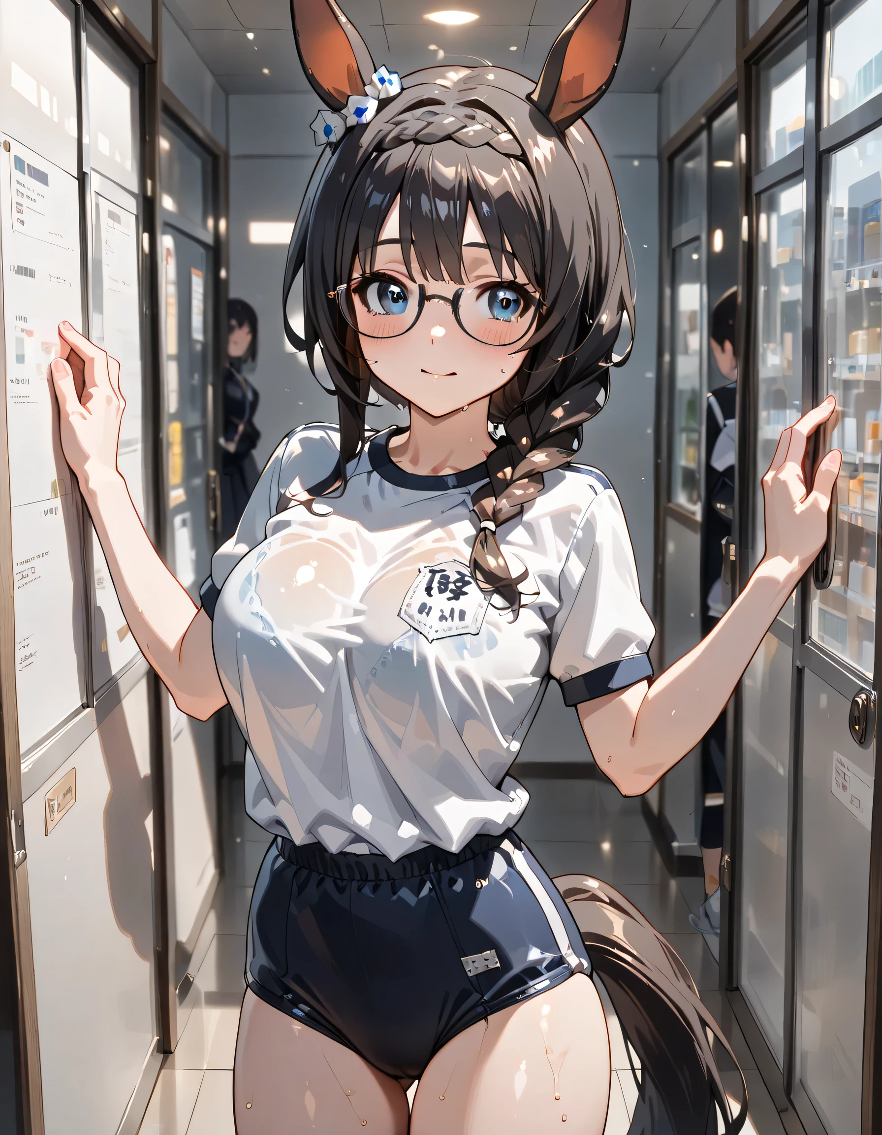 ((ultra-detailed)), (highly detailed CG illustration), (best quality:1.2), ultra-highly detailed, colorful composition, artistic photoshoot, 1girl, solo focus, thigh to top, cowboy shot, moe anime character, girl, dainty facial structure, baby face, round face, rounded chin, ideal ratio body proportions, Zenno Rob Roy, (umamusume), ample breast, Zenno, (glasses:1.3), (black-rimmed glasses:1.3), long dark hair, blue eyes, horse ears, horse girl, brai:1.3, ample breasts, white gym uniform with Navy blue rim:1.3, navy blue school gym buruma, wet body, smile:1.3, open mouth1.3, blush:1.3, sweat:1.4, standing in the school sports field:1.2, from behind:1.3, turn around:1.3, contrapposto pose, best quality, expecting, pink cheek, blush, light pink gloss slip, portrait, depth of field, soft lighting, sidelighting, shine, lighting, caustics, ray tracing, perfect face, lustrous skin, highly detailed face, highly detailed eyes, perfect face, perfect nose, perfect hair, perfect eyes, perfect anatomy, beautiful hair, beautiful small face, extremely detailed face, beautiful detailed eyes, beautiful clavicle, beautiful body, beautiful huge breasts, leavage, breasts squeezed together, equalize the size of the left and right breasts, beautiful fingers, ((4 fingers)), 1 thumb, lovely, (very detailed background:1.0), (highly detailed background:1.0), rainy aesthetic, intricate details, rainy atmosphere, night colors palette, chromatic aberration