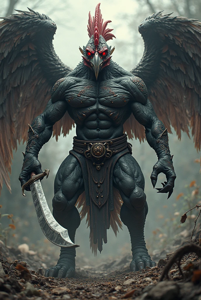 Garuda with abdominal muscles wearing a crown on his head with a knife stabbed into his stomach until blood came out.