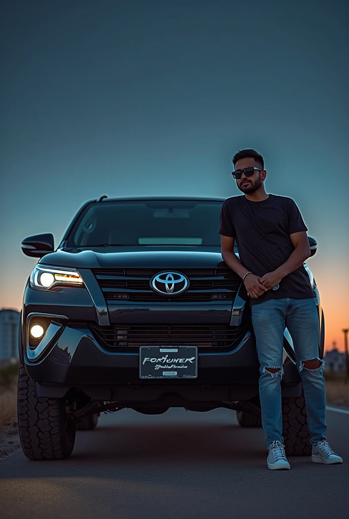 Background change cyberpunk handsome boy with brand car ultra modem realistic face