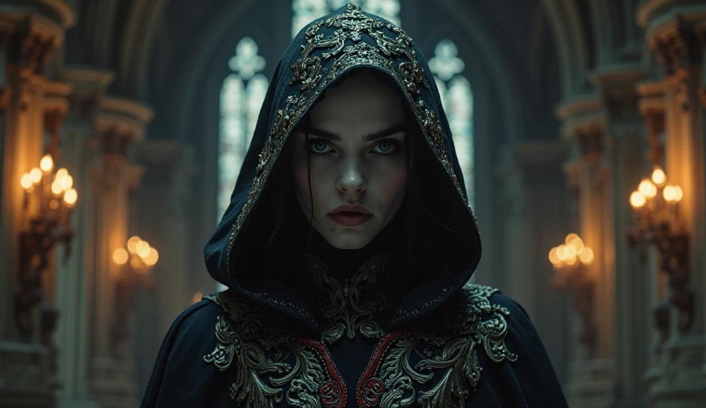 a knight templar woman, dark clothing, shrouded in shadows, glowing red eyes, 8k high quality, hyper realistic, highly detailed, dramatic lighting, cinematic, photorealistic, masterpiece, intricate detail, chiaroscuro, moody, dramatic atmosphere, gothic, dramatic pose