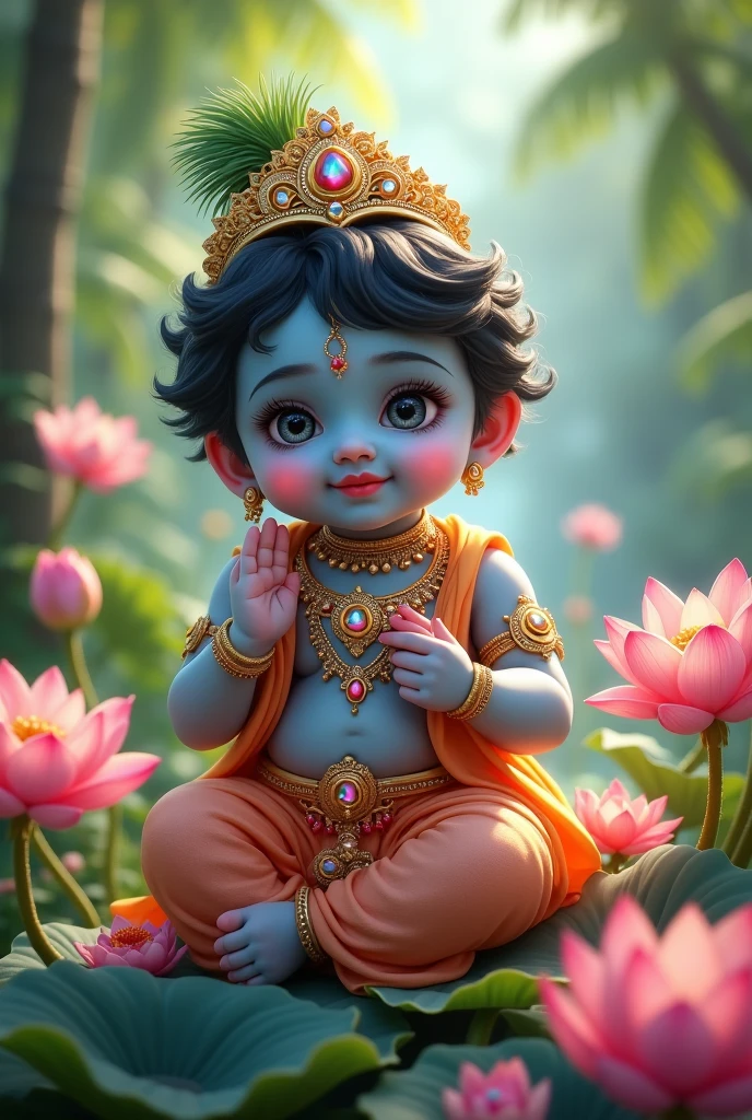 A realistic image of a cute one year on baby boy as lorishna sitting on a pink lotus in a pond , holding a flute , wearing a crown with a peacock feather in it, and divine attire and he is very very beautiful