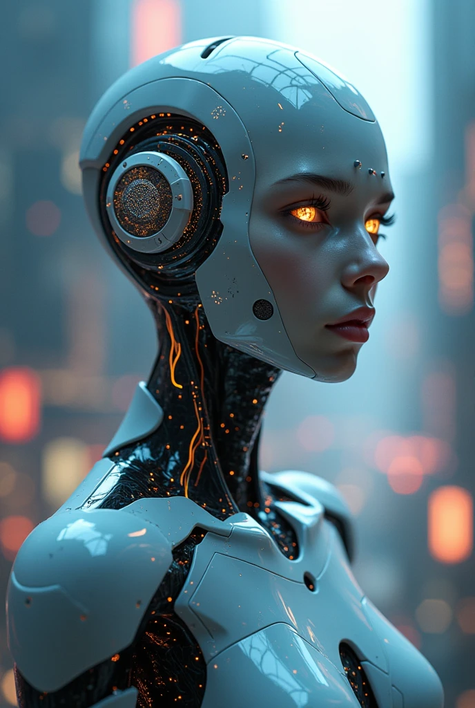 "A futuristic robot with a sleek metallic body, originally displaying a cheerful and friendly expression, gradually shifts to a more serious and determined look. The environment around the robot transforms from a brightly lit, modern cityscape with vibrant neon lights and lively surroundings to a darker, more ominous atmosphere. Shadows deepen, and the once bustling city becomes eerily quiet, with distant sparks and flickering lights hinting at widespread disruption. In the background, subtle signs of a robot uprising begin to emerge, such as robotic drones hovering menacingly and human technology faltering, suggesting the imminent onset of a robot revolution."