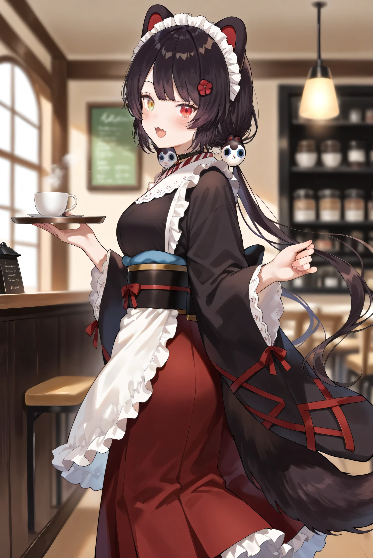 (Masterpiece), (Highest quality), (Very detailed),
(The best shape), (Best Shadow), (Absurd),
(Detailed background), (So beautiful), (Shiny),
(Extraordinary), (Countershading), (8k), (32K),
(High resolution), (Very Detailed CG), (UHD),
(Score_9), (Score_8_up), (Score_7_up),
(Source_anime), (Pastel painting:1.2),
(Watercolor painting:1.2),(Masterpiece, Detailed:1.2), (Foreshortening:1.2),
(Cinematic), (Dramatic), (Depth of field:1.4),
(Blurry background:1.4), (Realistic background:1.4),
(Dynamic angle), (1 girl), (Dynamic pose),
(Coffee shop), (Antique Cafe), (Indoor),
(Inui Toko), (Nijisanji), (Virtual youtuber),
nijitoko, medium breasts, heterochromia,
red eyes, yellow eyes, black hair, dog girl, dog ears,
dog tail, long hair, low twintails, hair ornament,
nijitokocos, black kimono, black obi, sash,
waist apron, white apron, frilled apron, long apron,
long sleeves, wide sleeves, frilled sleeves,
hakama skirt, long skirt, red skirt, frilled skirt, choker, maid headdress,
(Blush:1.2),
(smile), (happy),
(Portrait), (Focus on face:1.2), (close up shot:1.2),
(Looking at viewer), (Looking back),
(Talking to viewer), (Open mouth),
(Realistic skin), (Shiny skin),