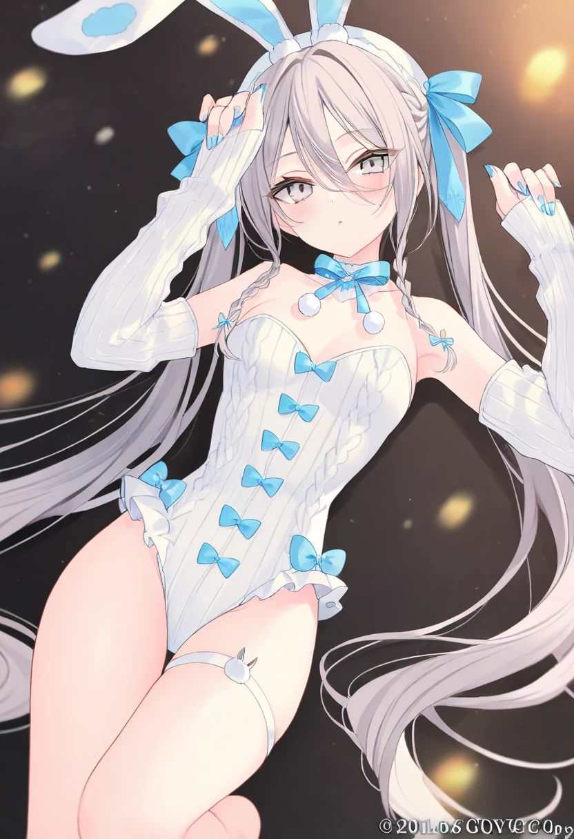 index, index, (green eyes:1.5), silver hair, long hair, (flat chest:1.2),smile,bossy,close your mouth,white rabbit ear headband,white leotard,black pantyhose,stiletto heels,(Bunny girl:1.5),(white playboy bunny:1.0),Put your hands on your hips,Standing in honor,
break looking at viewer, Upper body, whole body,
break indoors, room,
break (masterpiece:1.2), highest quality, High resolution, unity 8k wallpaper, (figure:0.8), (detailed and beautiful eyes:1.6), highly detailed face, perfect lighting, Very detailed CG, (perfect hands, perfect anatomy),