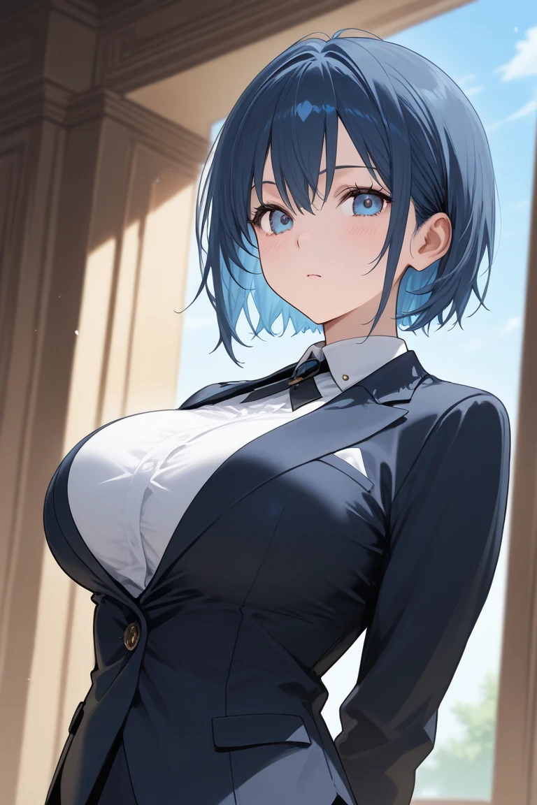 (masterpiece: 1.6, 最high quality), (fine and beautiful eyes: 1.2), (overhead), high quality, beautiful face, 1 girl, 柔らかい生地のthin灰色のタイトワンピース、thin、off shoulder、long sleeve, Long breasts、big breasts, long hair, wide hips, (landscaped),background, Detail background, creepy smile, smile at the corner of the mouth, office lady,long big cleavage、Hotel、emphasize cleavage、bedroom、random pose、(((slender、thin waist、thin neck、thin arms、thin legs、small face、thin body)))、Tsukatsuki Rio - Blue Archive