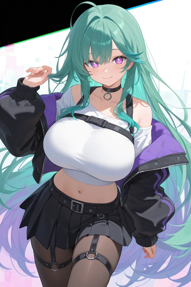 Thicc milf woman+ gigantic large lenght deep red huge voluminous hair+ light BLUE side fringe+dark pink eyes+huge buson+bronze Bra+ cardigan+ mini shirt cleavage+belly tattoo+ Thicc body+spiked silver belt+ Lycra shorts