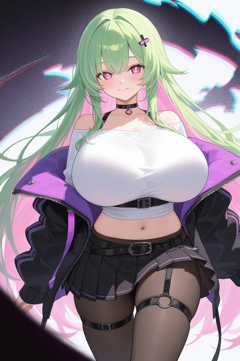 Masterpiece, best qality, 1fille, cheveux longs, seulement, poitrine, Imprimer les legwear, Impression de chauve-souris, Morrigan Aensland, collants, Aile, head wings, gros seins, mamelons couverts, bridal gauntlets, animal print, justaucorps, cheveux verts, demon girl, clivage, bare shoulders, collants violets, Regarder le spectateur, Yeux verts, sourire, clavicule, ailes de chauve-souris, frange, Tir de cowboy, nombril couvert, ailes violettes, ailes basses, justaucorps noir, Ongles, nail polish, cheveux flottants, closed mouth, garniture en fourrure, heart cutout, demon wings, debout, ongles longs, bat (animal), jambe haute, clothing cutout, Gants, highleg leotard, crossed arms, parted bangs, sourcils en forme de V, aqua eyes, >:), pink lips, maintien des seins, Nuit, Aqua Hair, lips, Bustier, blunt bangs