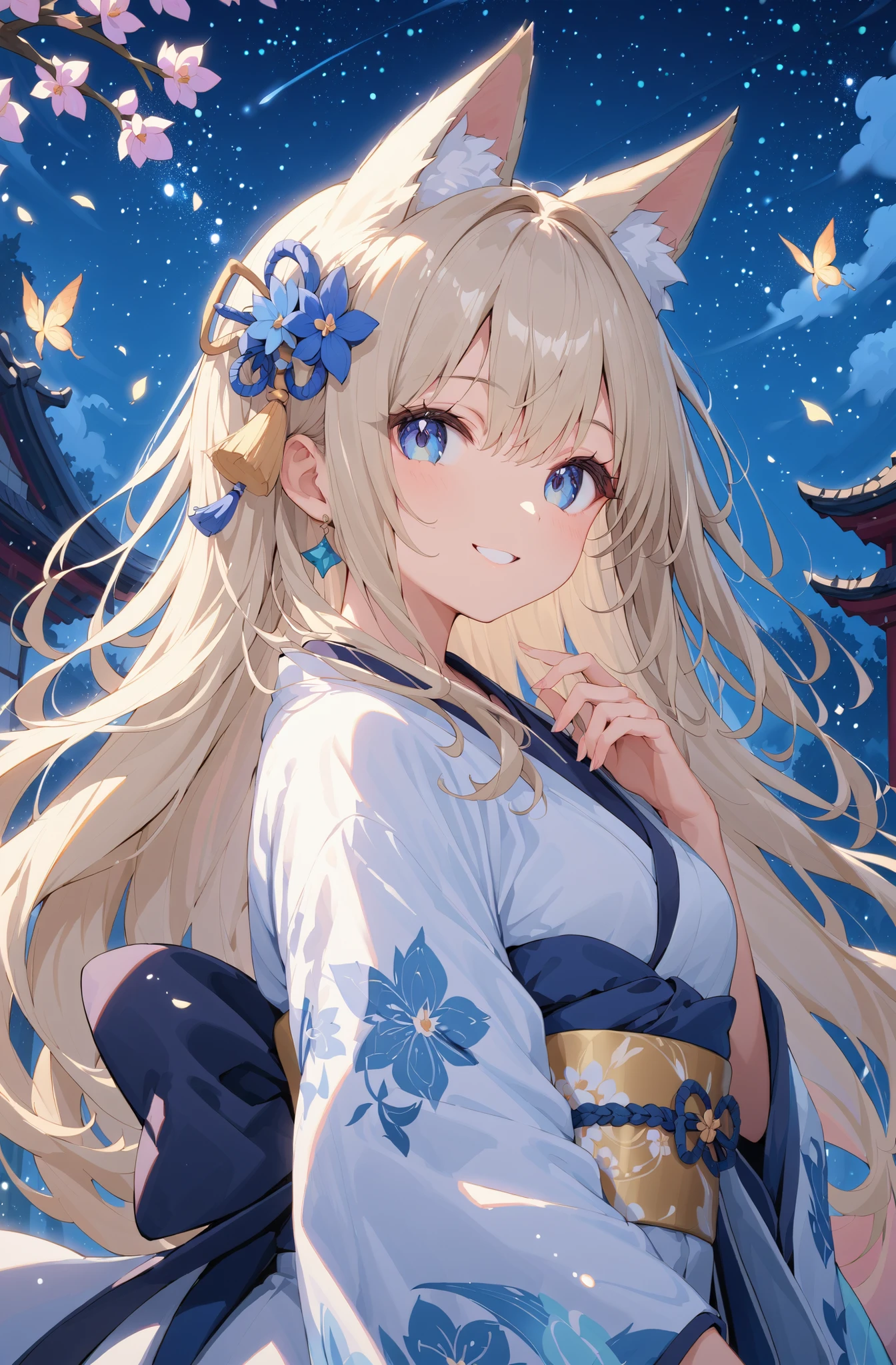 masterpiece、concept art、(very detailed)、 (((masterpiece、top quality))) 、Girl 1、night、starry sky、Moonlight:1.2、(fox ear、platinum blonde、long hair、 kimono)、( A soft smile ) 、Standing picture