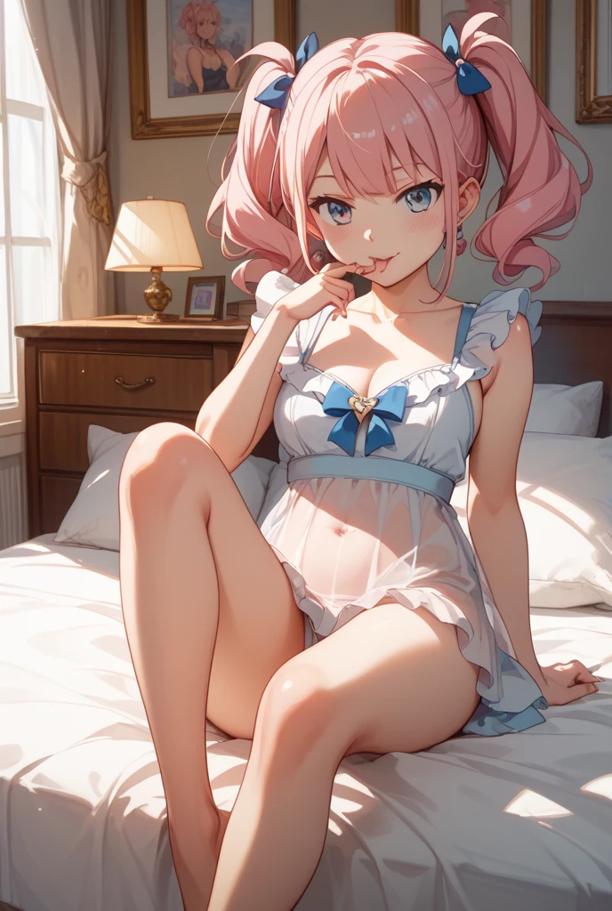 1girl, PhiluffyAingram, solo, breasts, looking_at_viewer, blush, smile, bangs, large_breasts, bow, ribbon, navel, cleavage, hair_between_eyes, bare_shoulders, twintails, jewelry, sitting, closed_mouth, underwear, collarbone, panties, yellow_eyes, pink_hair, ahoge, heart, barefoot, indoors, necklace, character_name, see-through, shiny_skin, pillow, black_panties, black_ribbon, bed, on_bed, wariza, lingerie, strap_slip, pendant,  heart_ahoge, heart_necklace, negligee