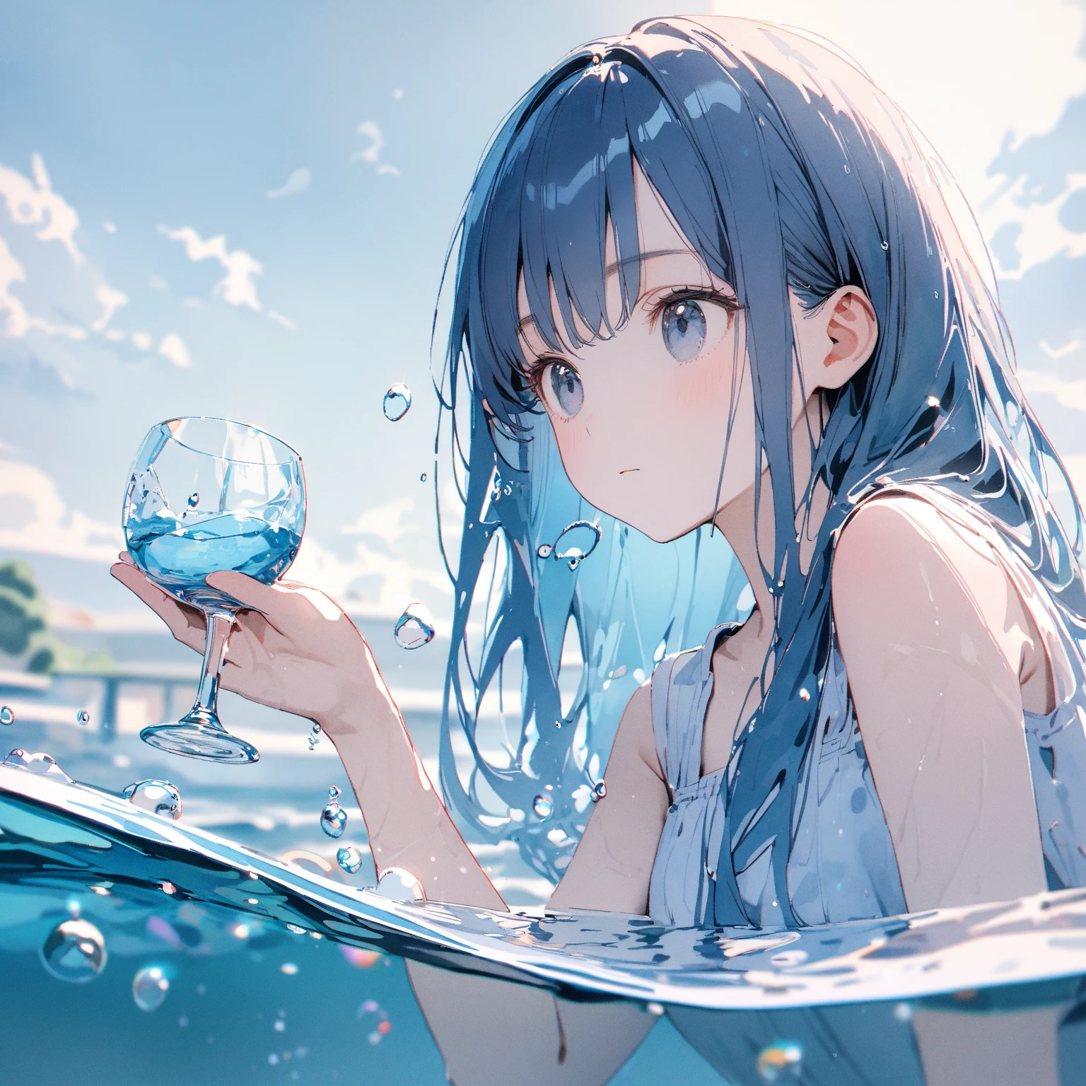 Super detailed, 8K, glass, Water in a glass, Glass Crystals, bubble, Right blue water, nice, bright、Blue Hair Girl、Splash