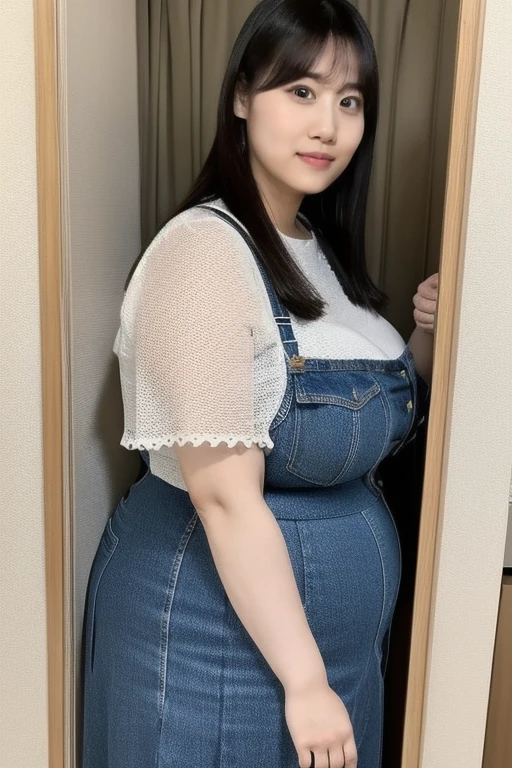 Makima de l'anime "chainsaw man", bbwchan, corps entier, magnifique et ultra détaillée. Ssbbw, obésité morbide, Cheveux rouges, yeux jaunes, visage gras, visage ultra détaillé et doux. Chemise, jupe en jean, pose dynamique, soleil,