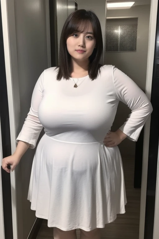 Female, Auburn, 27 years old, thick thighs, birthing hips, american , traditional , girlfriend , work dress, walking, fully clothed , 5ft 5, 42 f-cups, realistic picture, camera shot, elegant, motherly, realistic, styled hair, bangs, dolled up, red lips, (small town setting) (calm expression) (office background )