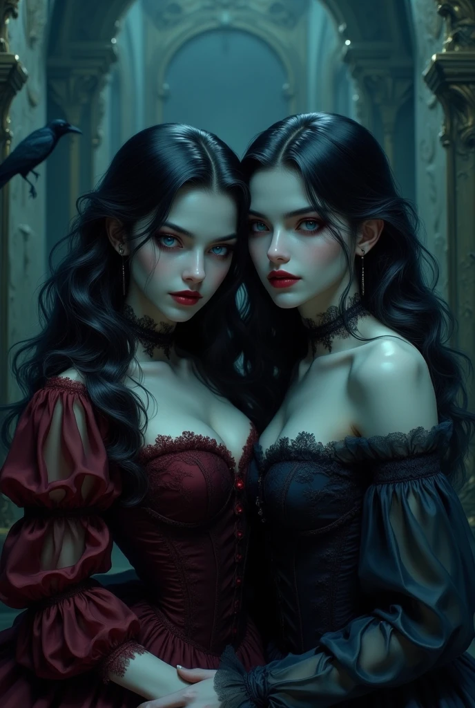 8K, masterpiece, best quality, (4 women), (seven -clinging photography), style fashion clothing, bold colors and patterns, eye -catching accessories, fashionable and innovative hairstyles, vibrant lights, bright and vivid and vivid Coloring schemes, large animation breasts, illustrations, detailed skin texture, detailed fabric texture, beautiful and delicate face, intricate details, super detailed. ((Huge perky breasts, cleavage 1.6, deep cleavage,))((masterpiece, best quality:1.2), Vampire, Couple of vampire, with black hair, red eyes, (fangs), black clothes, the man wear formal blazer, the women wear black dress, red wine, indoor, in the castle, expressive ((3 women vampires in bed))