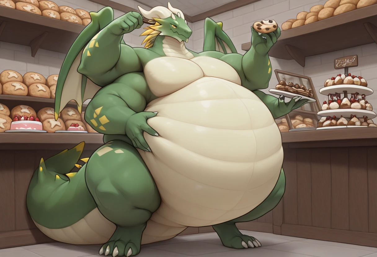 NSFW, big muscular daddy dragon is worried about his massive inflating belly, detailed scales 