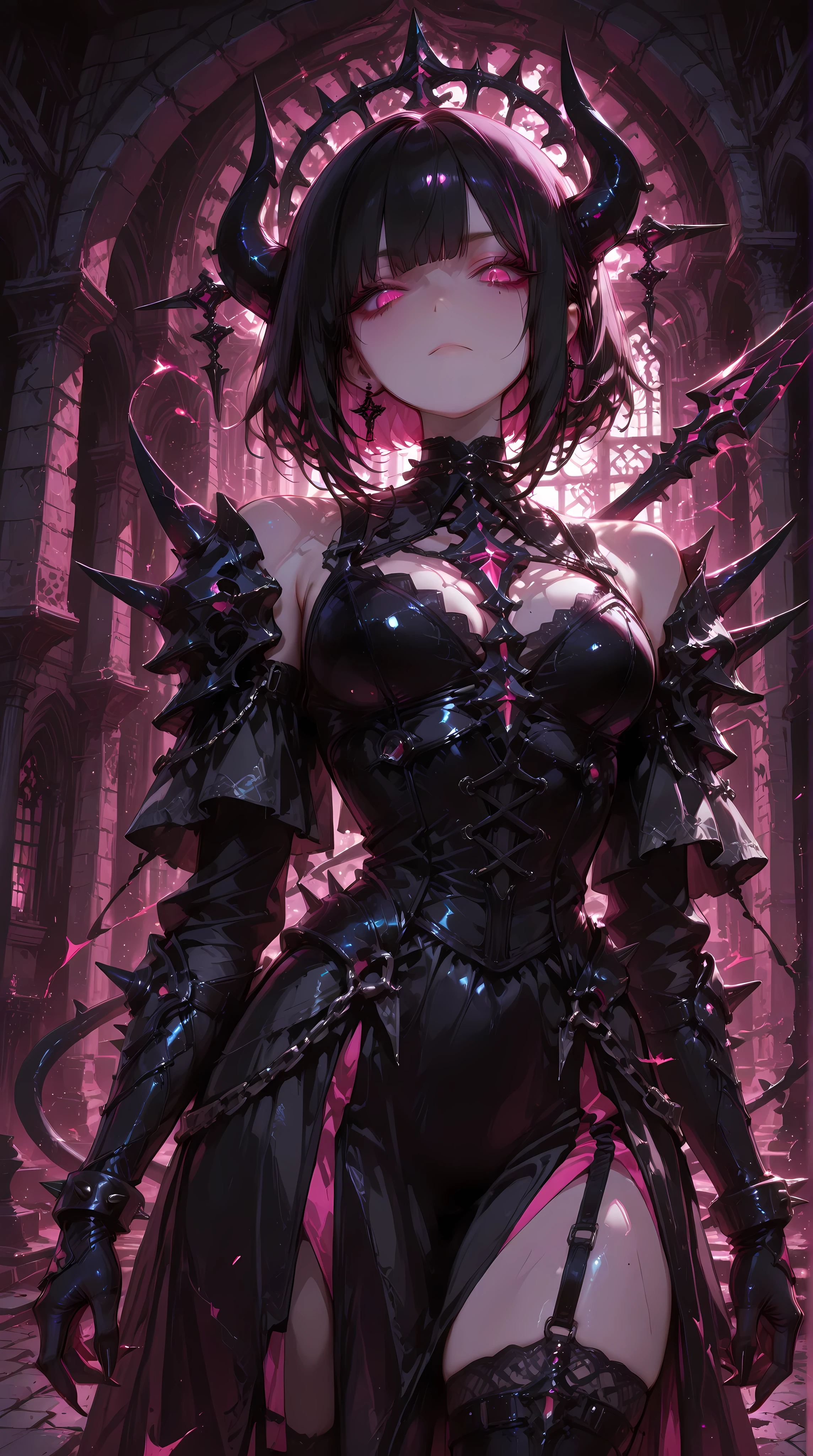 1girl, solo, girl is tall, girl has layered black medium hair cut, girl has pink eyes, girl has black sexy warrior dress, girl has black spikes coming from her shoulder, girl has black crystal sharp shaped hands with pink tips, girl has medium breasts, girl has curvy-sexy body, dark, black castle corridor, girl's eyes are glowing pink, from behind angle, standing, girl don't look at viewer, girl cold stare, girl has squinting eyes,