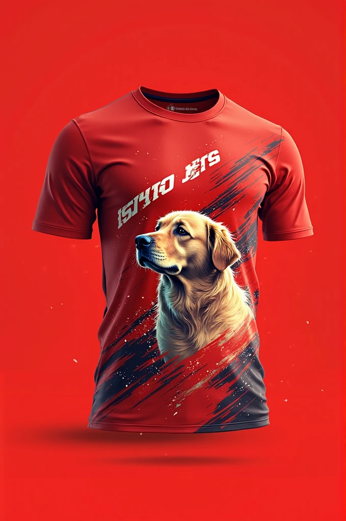 photo of a white and red team shirt with a fire print at the bottom and on the upper left side of the chest with the silhouette in red lines of the face of a boxer dog, with the edge of the sleeve white and the bottom edge with two red stripes, one thick and one thin