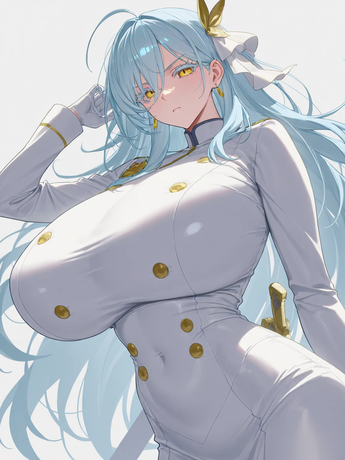 ((highly detailed)), nikke, privaty, perfect human hands, (great breast:1.1),masterpiece, best quality, ultra-detailed, glistening shiny, glowing light, ray tracing, HDR, deph of field, (perfect face, detailed face, detailed eyes,perfect hands,perfect fingeredium :1.2),8k,HD,ultra realistic face,ray tracing,perfect lighting,best quality, ultra-detailed, shiny eyes, (looking at the distance, serious:1.1), ((1girl:1.2)),cowboy shot,thicc,streaked_hair,((blue gradient hair)),multicolored eyes, gradient eyes, (glowing eyes:1.5), mascara, (fashion make up), (parted lips,blush,cameltoe, on a battleship, giving orders, war, planes, bullets, guns),((super detailed background)), dynamic poses, ((8k wallpaper)), (mature female), military uniform, long sleeves, straps, hat, white headwear, black thighhighs, (((uniform))), (((gun in hand)))