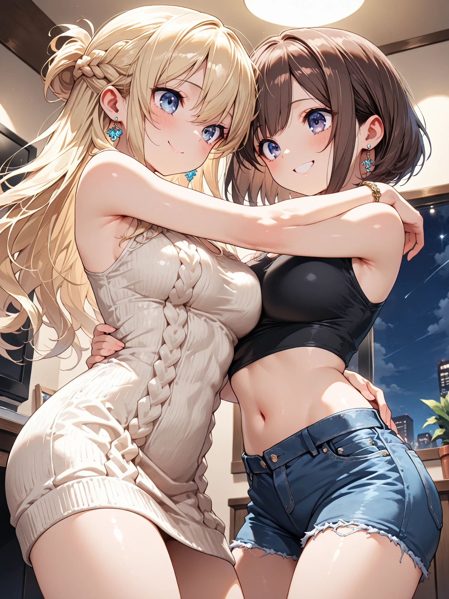 (Tabletop, highest quality, High resolution, , Perfect Pixel, 4k,), 1 girl, single, alone, Beautiful woman、I could see the whole body、 ((Wavy mid-hair, bangs, Brown Hair)), ((Brown eyes, Beautiful eyelashes, Realistic eyes)), ((Detailed face, blush:1.2)), ((Smooth texture:0.75, Realistic texture:0.65, Realistic:1.1, Anime CG Style)), Medium breast, Dynamic Angle, Perfect body, ((, beige off shoulder sweater、Tight denim skirt、Black Stockings、Cute Necklace、Earrings、)), Upper grades、A shy smile、Luxury hotel room、Lie on your back in bed、((Leg spread))、Angle from below、Cross your arms to highlight your cleavage、、((Pink lace panties are visible))、