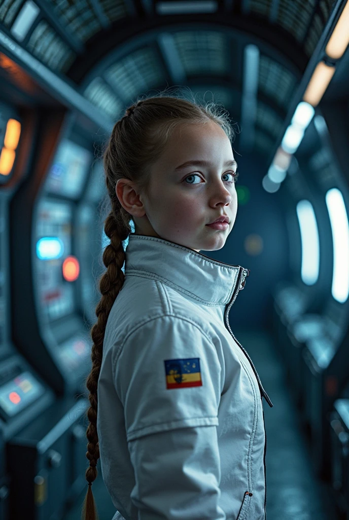 (Young girl, 4yr old, brown light hair, fotorrealista, Pale skin), (amarillo (ojos:1.2)), (Slim build:1.3), (Fancy spacesuit), Cara hermosa, face symmetrical, Greg Rutkowski, wlop y Sam Kuvshinov, (Cabello largo), blonde eyelashes, Iris grande, pupila grande, Full Body of 4 Year Old Girl, Standing on the background of the cosmodrome, Artstation, 8k, Science-Fiction, Colores pastel, props, tablero, concepto, futuristic, Gribble, Simon Stalenhag, Espacio, en el espacio ultraterrestre, Una nave espacial en el cielo, Technology blocks