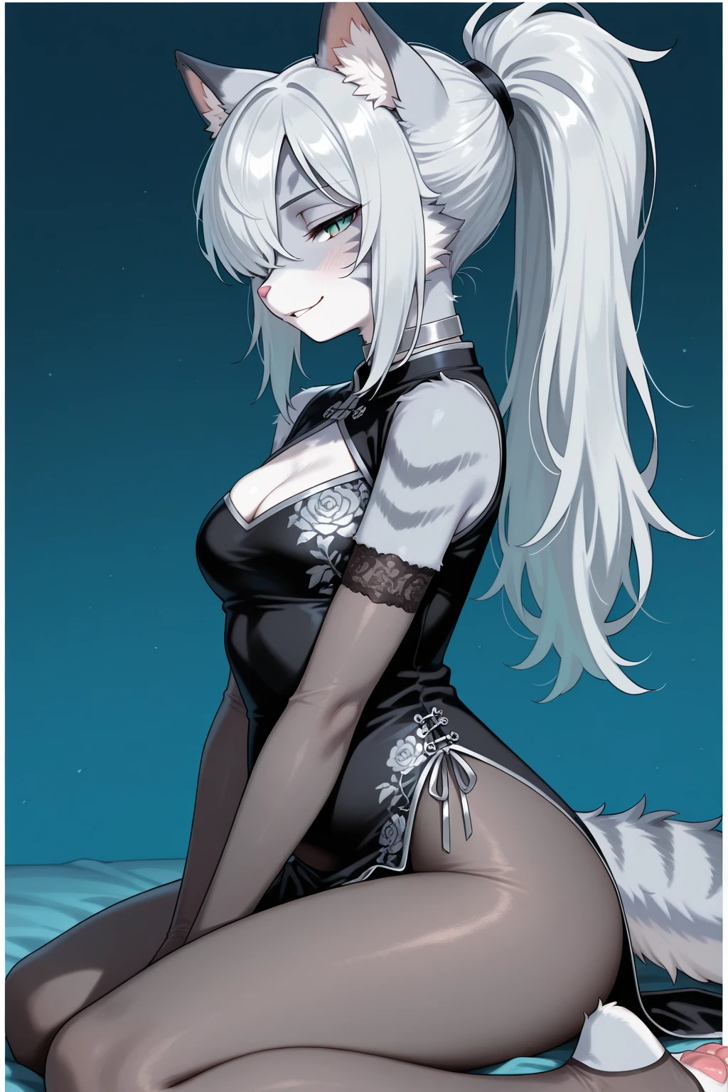 ((best quality)), ((masterpiece)), big tits, big ass,bang long white hair, erotic face, legs spread, lie, black tights, red cat eyes, evil , tears, hard breath, front, nude pink pussy ,vector art, flat color, average weight, hand behind head, chubby, cumming