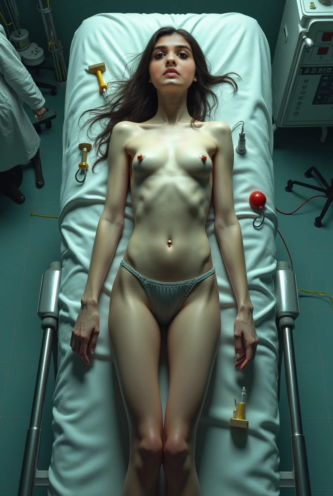 (Highest quality)), ((masterpiece)), (detailed), Completely naked、nude、strip、I don't wear clothes、I don't even wear a bra、No panties on、Completely nakedの日本人女性あやは診察台に足を大きく広げて、Having a female genital examination、Inserting the male muscle into the female genitalia、Hand and foot restraints、Blindfold、I can see the smile、Desperate look、Realistic texture of mucous membrane