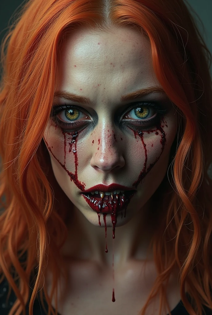 (best quality,ultra-detailed,realistic),horror,detailed fiery eyes,watchful and unsettling appearance,red hair,monster mouth,horns on the head,portrait,high contrast lighting,ominous colors.