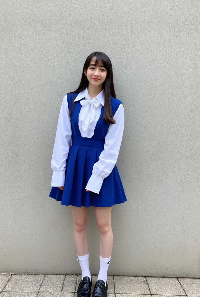 Two girls standing in an old Japanese schoolyard,White sailor shirt with bow tie,Indigo Hakamashita,A small dark red ribbon in her hair,18-year-old,bangs,Smile a little,Low Ponytail,(Angle from directly below:1.5),((Big Breasts:1.5)),(Chewing contraceptives:1.2),(whole body)