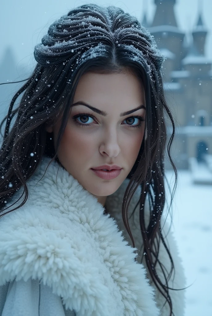 ultra realistic and detailed tir all body of a captivating sublime woman in Black Leather Jacket, sublime femme heureuse et rayonnante, Corps envoûtant et sensuel, Christijana Vicious, allongée sur le sol dans la neige, ((couché sur la neige)), dans une forêt enneigée, ((sur la neige face au spectateur)), femme heureuse et rayonnante allongée, plan très large, photo prise de loin, longs Cheveux mouillés très longs, foncés et en désordre, cheveux très détaillés, détails fractals, mouillé, froid et frissonnant, étaler, Tight mouillé torn white Dress, décolleté profond, photo sur tout le corps, plan large, angle de la blouse, seins naturels énormes, Focus sur le décolleté, sublime yeux bleus électriques parfaits, collier en cuir, yeux bleus électriques, cordes noires, regarder la caméra, hiver, couché deep on snow, regarder intense vers la caméra, Éclairage dramatique,