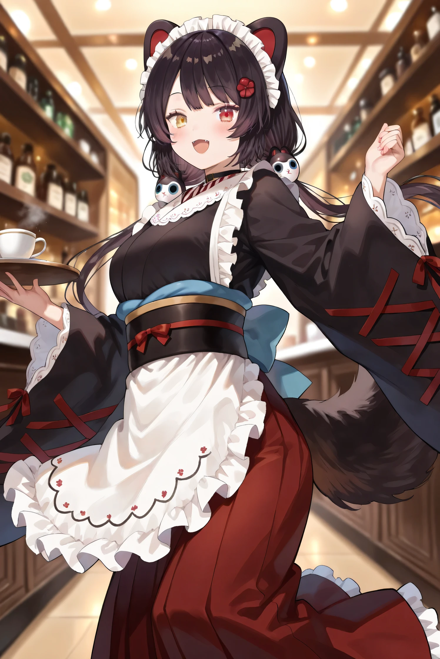 (Masterpiece), (Highest quality), (Very detailed),
(The best shape), (Best Shadow), (Absurd),
(Detailed background), (So beautiful), (Shiny),
(Extraordinary), (Countershading), (8k), (32K),
(High resolution), (Very Detailed CG), (UHD),
(Score_9), (Score_8_up), (Score_7_up),
(Source_anime), (Pastel painting:1.2),
(Watercolor painting:1.2),(Masterpiece, Detailed:1.2), (Foreshortening:1.2),
(Cinematic), (Dramatic), (Depth of field:1.4),
(Blurry background:1.4), (Realistic background:1.4),
(Dynamic angle), (1 girl), (Dynamic pose),
(Coffee shop), (Antique Cafe), (Indoor),
(Inui Toko), (Nijisanji), (Virtual youtuber),
nijitoko, medium breasts, heterochromia,
red eyes, yellow eyes, black hair, dog girl, dog ears,
dog tail, long hair, low twintails, hair ornament,
nijitokocos, black kimono, black obi, sash,
waist apron, white apron, frilled apron, long apron,
long sleeves, wide sleeves, frilled sleeves,
hakama skirt, long skirt, red skirt, frilled skirt, choker, maid headdress,
(Blush:1.2),
(smile), (happy),
(Portrait), (Focus on face:1.2), (close up shot:1.2),
(Looking at viewer), (Looking back),
(Talking to viewer), (Open mouth),
(Realistic skin), (Shiny skin),