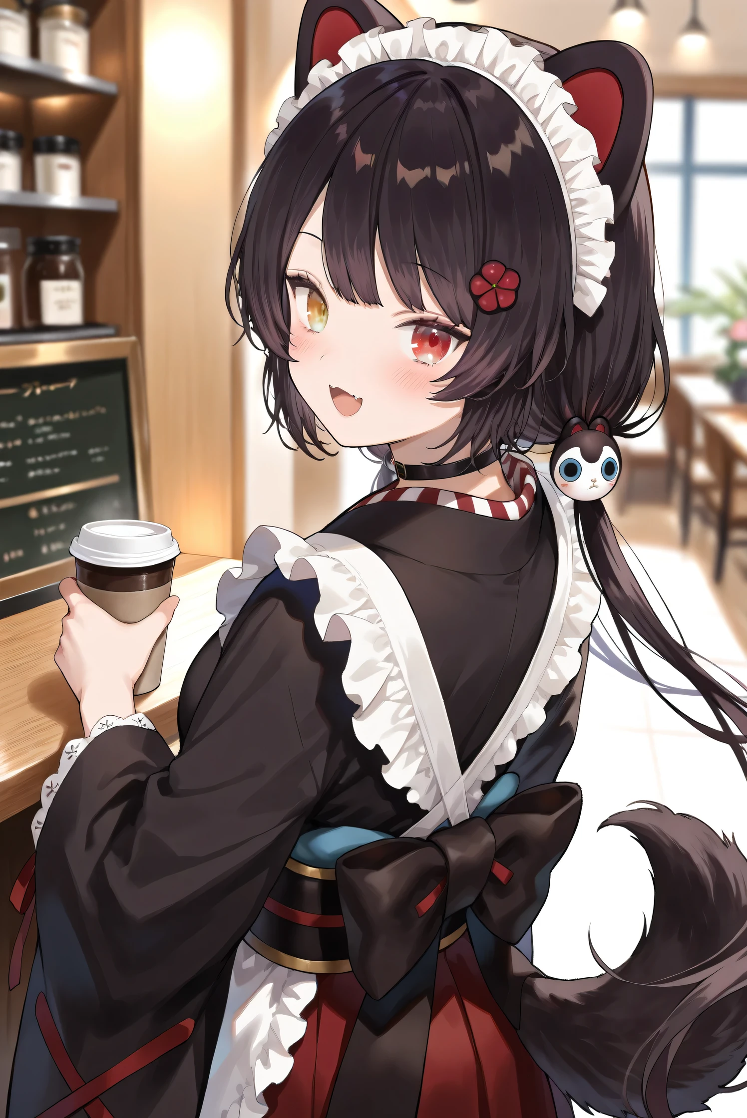(Masterpiece), (Highest quality), (Very detailed),
(The best shape), (Best Shadow), (Absurd),
(Detailed background), (So beautiful), (Shiny),
(Extraordinary), (Countershading), (8k), (32K),
(High resolution), (Very Detailed CG), (UHD),
(Score_9), (Score_8_up), (Score_7_up),
(Source_anime), (Pastel painting:1.2),
(Watercolor painting:1.2),(Masterpiece, Detailed:1.2), (Foreshortening:1.2),
(Cinematic), (Dramatic), (Depth of field:1.4),
(Blurry background:1.4), (Realistic background:1.4),
(Dynamic angle), (1 girl), (Dynamic pose),
(Coffee shop), (Antique Cafe), (Indoor),
(Inui Toko), (Nijisanji), (Virtual youtuber),
nijitoko, medium breasts, heterochromia,
red eyes, yellow eyes, black hair, dog girl, dog ears,
dog tail, long hair, low twintails, hair ornament,
nijitokocos, black kimono, black obi, sash,
waist apron, white apron, frilled apron, long apron,
long sleeves, wide sleeves, frilled sleeves,
hakama skirt, long skirt, red skirt, frilled skirt, choker, maid headdress,
(Blush:1.2),
(smile), (happy),
(Portrait), (Focus on face:1.2), (close up shot:1.2),
(Looking at viewer), (Looking back),
(Talking to viewer), (Open mouth),
(Realistic skin), (Shiny skin),