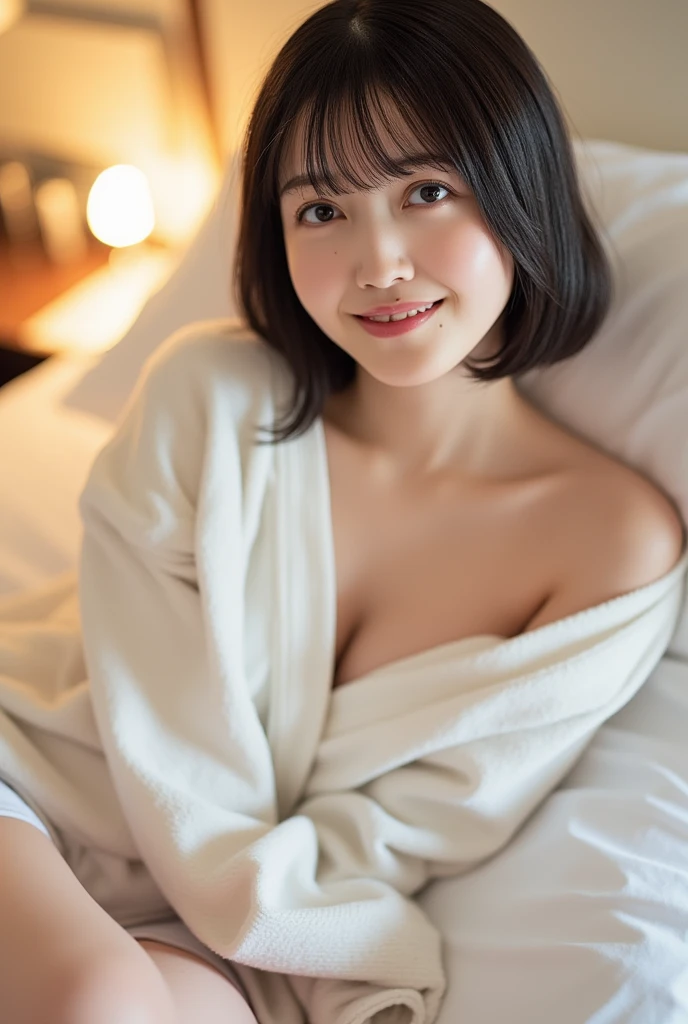 (8K、RAW Photos、Highest quality、masterpiece:1.2)、((Nipples、Short Hair、Flat Chest、smile))、(Realistic、Realistic)、1 Girl、((naked、wake up、After sexual、morning、 Hotel Bedroom、Lying in bed、Bathrobes、smile))、cute