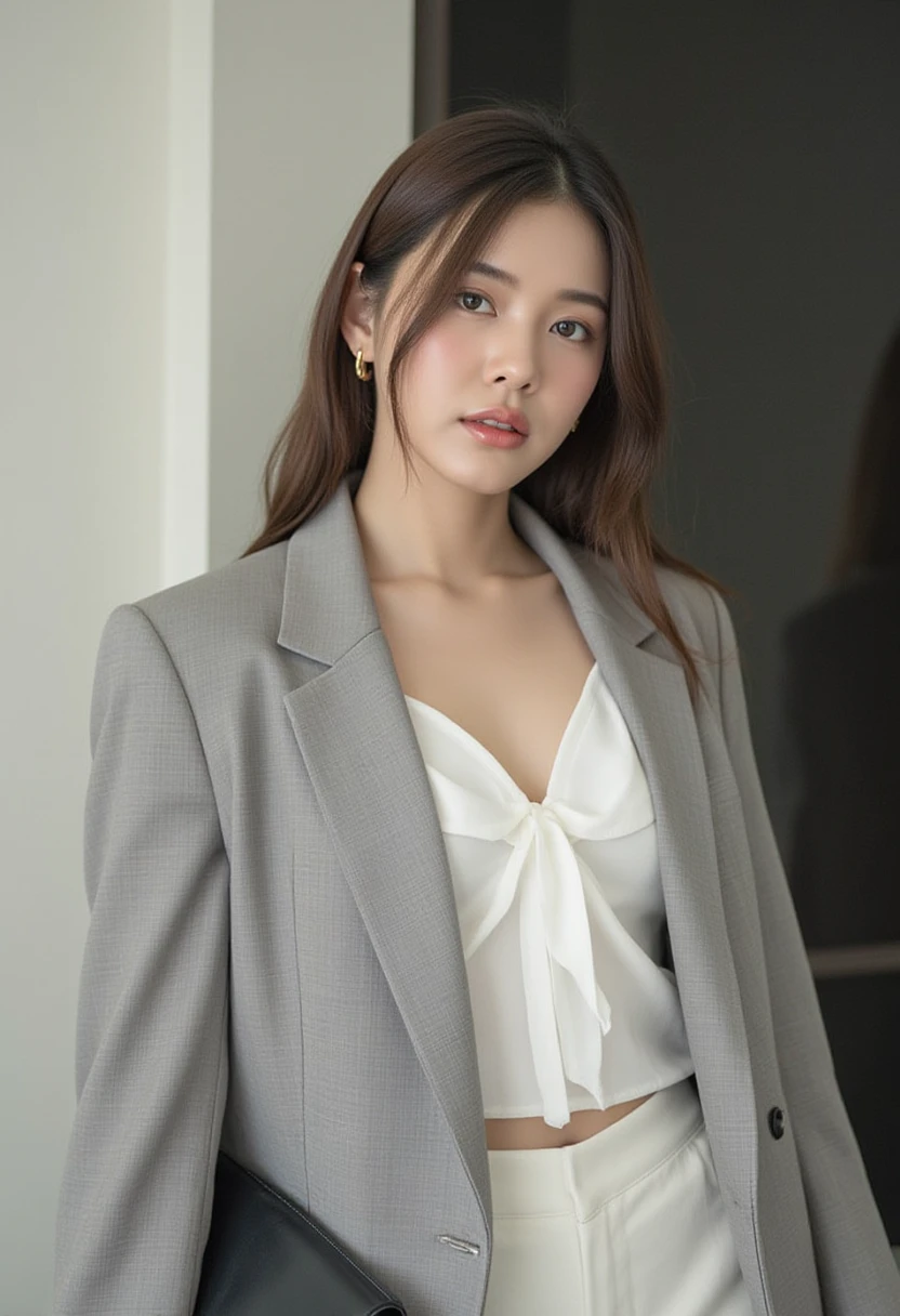 ((Realistic lighting, Best quality, 8K, Masterpiece: 1.3)), Focus: 1.2, (1 female nurse), Perfect body beauty: 1.4, Slim abs: 1.1, ((dark brown hair)), (White nurse suit: 1.4) (indoor), Super fine face, fine eyes, double eyelids, full body shot