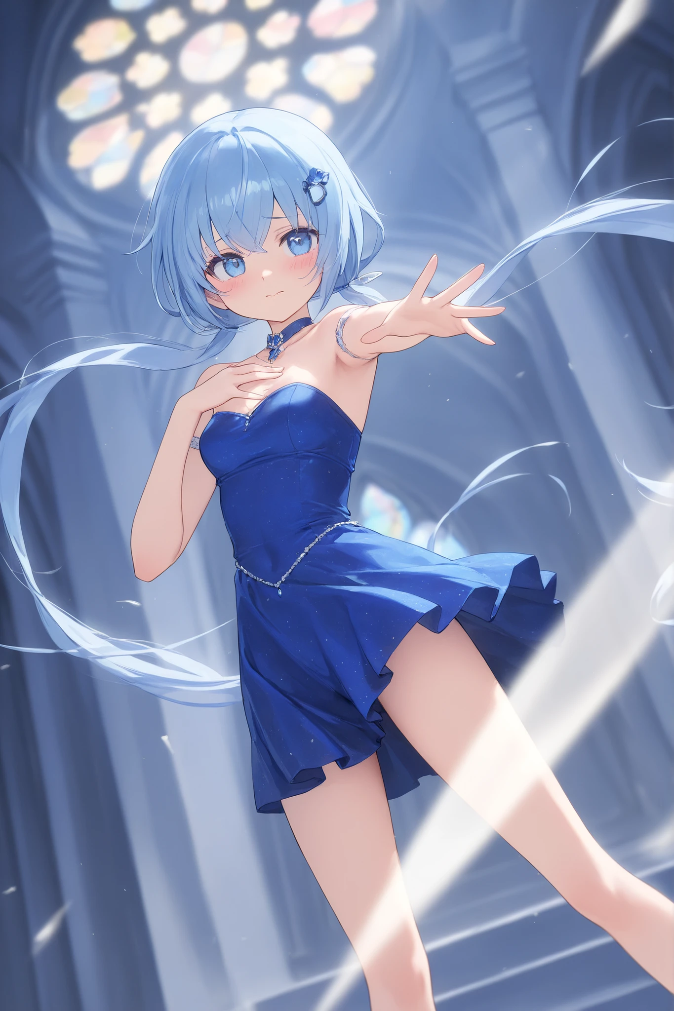 salvia blue hair,long hair,starry sky dress,smile,dancing,lapis lazuli colored eyes