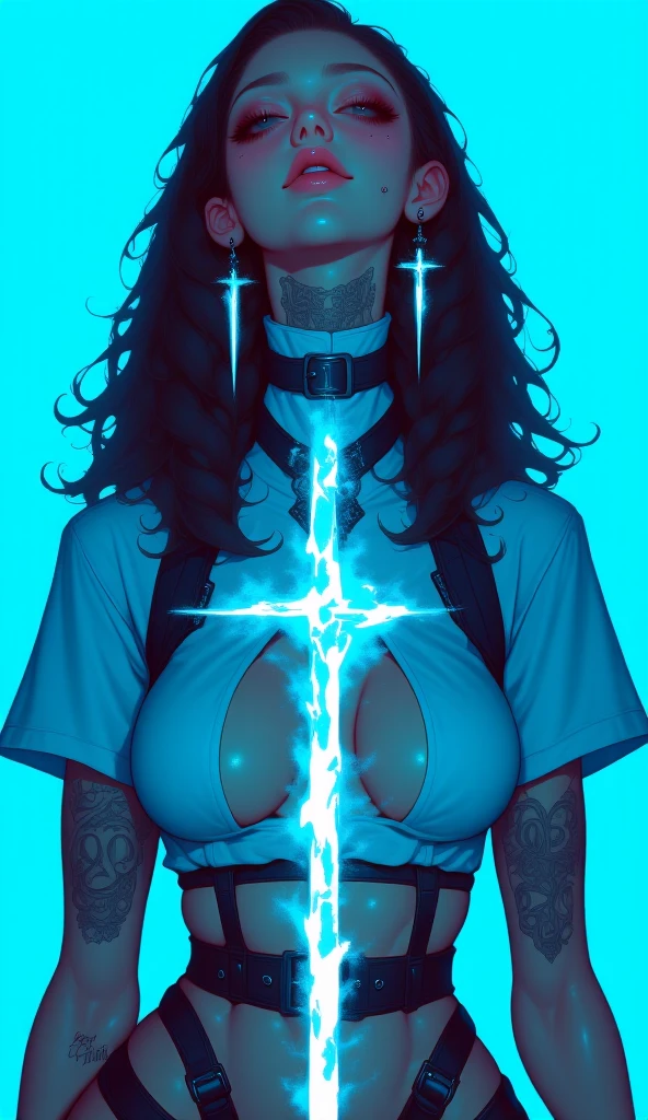 masterpiece,An illustration,A woman wearing a pop T-shirt,Japanese,psychedelic,Neon Art,Layered textures,Vector art,(The T-shirt has a picture that resembles breasts printed on it.:2.0,nsfw:2.0),(Big Breasts:2.0),(sexy:2.0),(The background is a pop logo:2.0) naked