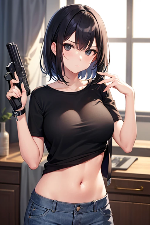  1 person, Naked Police, Adult, resident evil style, sexy police officer in uniform,belt,watch,slim, evening, Soft Light, Facial details, Drunk, Long black hair, Beautiful Skin, fringe, Pale pink lips, with a gun in hand, blush, Big black eyes, Looking at the audience,((Cowboy Shot))