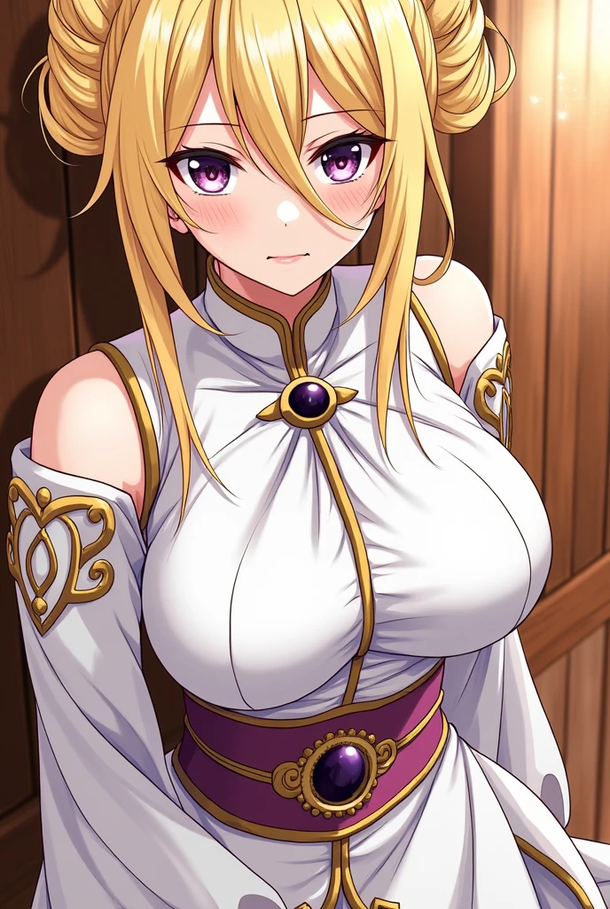 nude Hachimiya Meguru with blue eyes, blonde hair and with very large breasts and a very thin waist in a pink see-through t-shirt, short pink wee-through skirt and twintails standing with a puffed up chest and arched back, smiling while looking at the viewer. She is standing in front of a bed covered in pillows in a palace bedroom. She wears a jewel navel piercing, and long golden chain earrings. Prison shackles is hanging from the wall.