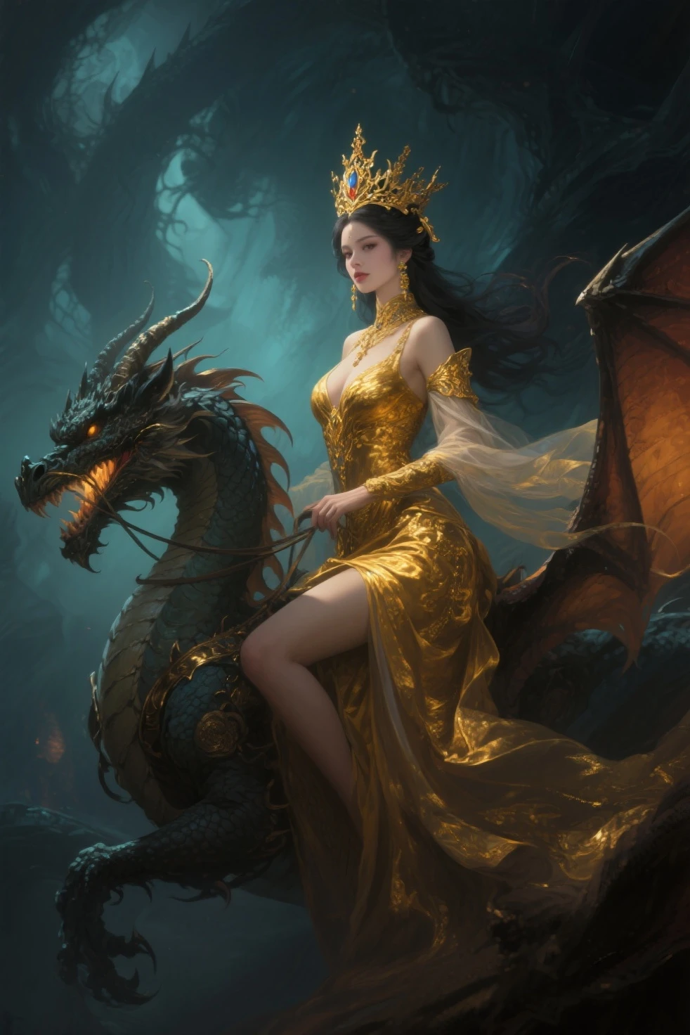 female and dragon: 1 female, 1 dragon, Female body, high detailed face, free style, free angle, background in harmony with the model, dragon, golden dragon with transparent wings, abstract pattern on the background, cliff, abyss, speed, tenderness, 32K, ultra high resolution, high details