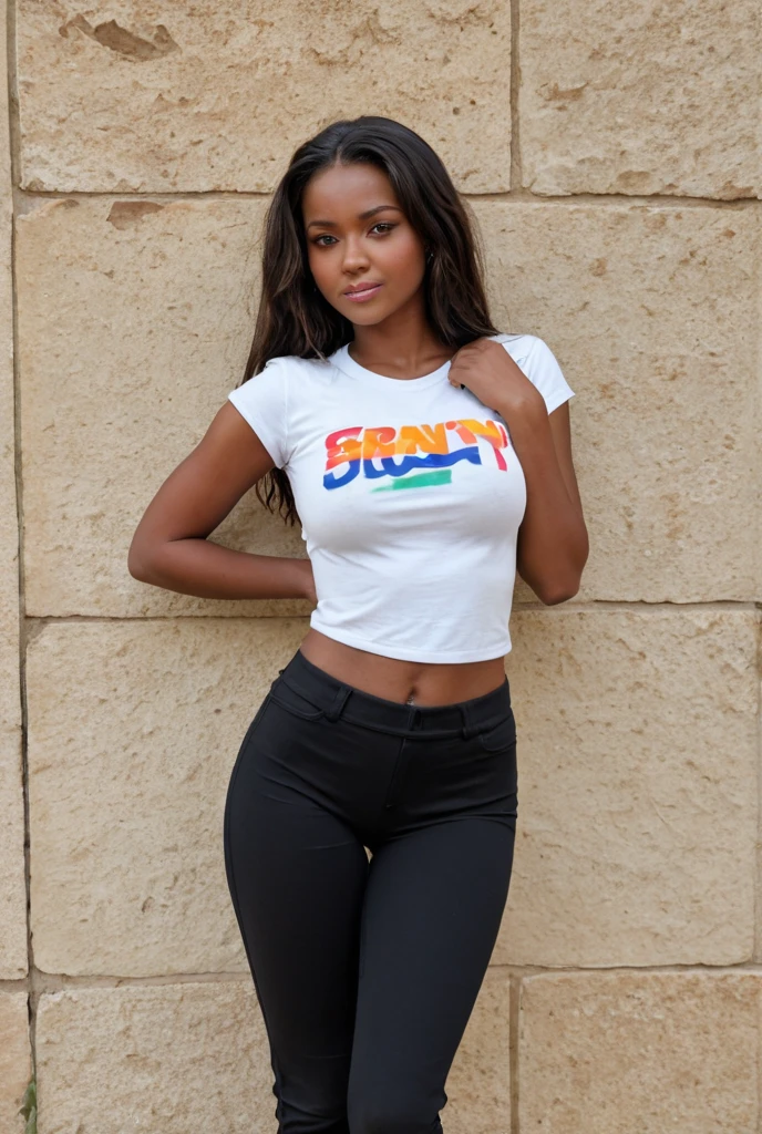 African-American woman, 19 years old, with straight hair and green eyes and a double DD cup bra, athletic build and height 1.70s blue t-shirt short sleeves tight blue jeans white sneakers to stand facing forward with a sexy pose