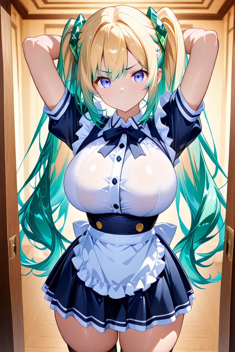 (La best quality,high resolution,Very detailed,Practical),Grande Ariana, chica anime role play, anime role play, (Hatsune Mikurole play:1.4) , foto de role play, Two white tails_Gloves, role play, Cute anime girl in beautiful clothes, anime long hair girl, Anime Goddess, role play elegante y glamoroso, Anime girl dressed as a maid more details 8K.Unreal Engine:1.4,HD,La best quality:1.4, lifelike:1.4, texture:1.4, masterpiece:1.8,masterpiece, best quality,Object], (Detailed facial features:1.3),(Correct proportions)(Facial details: 1.5, Bright blue eyes, Pretty Face, beautiful eyes, Iris Outline, Thin lips: 1.5, Thin, Pale eyebrows, long, Dark eyelashes, Double label),,  (Cowboy style), ,( Cyberpunk 2.1), (Kawaii locker room :1.4), Perfect hands: 1.5, (Perfect anatomical structure), (Tokyo night alley background:1.4) Beautiful breasts、Huge breasts:1.4